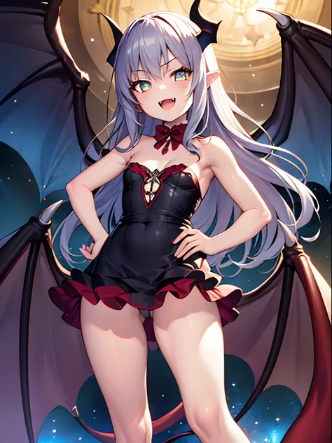 Highly detailed and realistic CG, Colorful, Masterpiece, Best Quality, jewel-like eyes, 1girl, solo, colorful hair, long hair, strapless, dream world, petite, loli, child, beautiful breasts, hand on hip, standing, bare foot, skinny legs, black vampire dres...