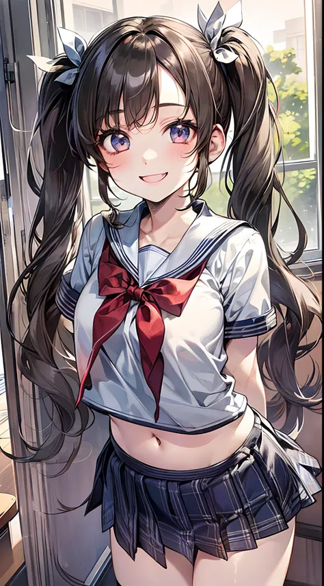 1 girl, japanese, 14 years old, white skin, medium chest, watching the view, (smile:1.5), 
beautiful detailed eyes, (long hair:1.4, twintails:1.7), (navel:1.1)
(cute school uniforms:1.5), 
day time, schools, (homeroom:1.5), 
(8k, maximum quality, masterpie...