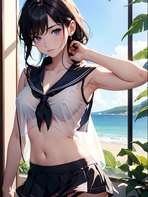 (((toppless))), (((sheer sailor  shirt , Sleeveless ))), (((Show off  cleavage))), (((Large breasts))), (((Open front))), (((Sheer Micro Mini Skirt))), Detailed beautiful eyes, (((Sunny))), extremely detailed CG unified 8k wallpaper, very fine 8KCG wallpap...