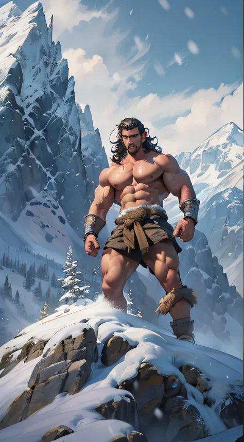 Mighty warrior, shirtless upper body, legs exposed from thighs to feet, cascading long curls, detailed muscular physique, lifelike depiction, 4K resolution. Background: Snow-covered mountain peak,32k uhd, best quality, masterpiece, super detail, high detai...