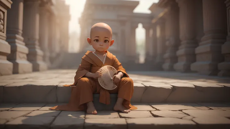 A 3D little monk sitting on the steps in front of the temple with a small fan in his hand, Look front, Zoom in on the head，the little monk is wearing a robe, his head is round and bald, his eyes are big and cute, 8k --auto --s2