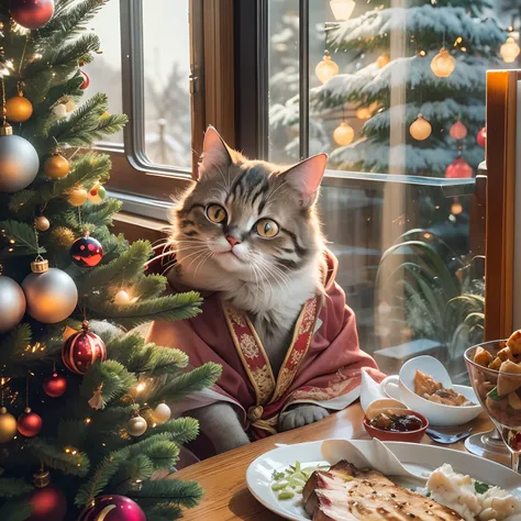 A round-eyed meow cat, adorable cat, Wear the robe of the Holy Faith, Eat a turkey dinner, Christmas tree next to the restaurant, Sunlight outside the window.