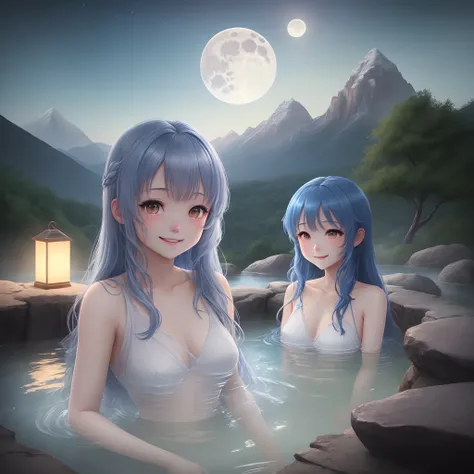 in 8K、top-quality、​masterpiece、ultra-detailliert、Ultra-high resolution、Anime style、Light blue long hair、Twin-tailed、outdoor bath、Rock bath、fullmoon、mountains on background、1 girl in、adorable smiling、wetting hair、water dripping、