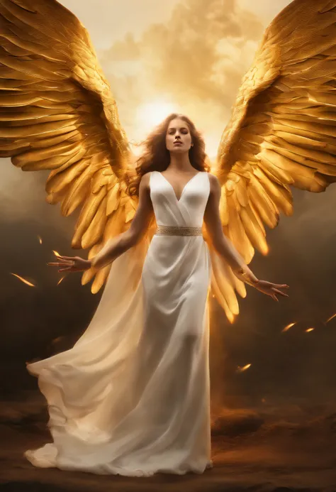 Ultra-realistic angel image: A golden angel with outstretched wings，Sosteniendo una espada de fuego en su mano，There was gloom in the gloom。, Ajustes de humo negro,(Foto RAW:1.2)，dedo del pie de camello，Vaciar en，sudor leggs，white liquid， Piel lisa y rosad...