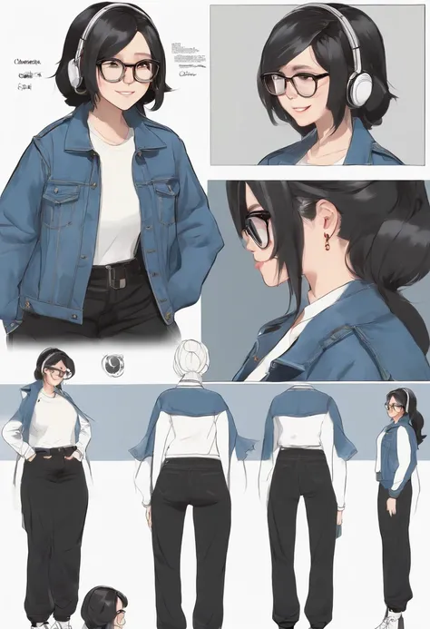 Character design sheet, back view, side view, front view of a white-skinned girl in a denim jacket, white glasses, black hair, big tits, a large nose, long pants, and a smiling expression, black headset, in a anime style