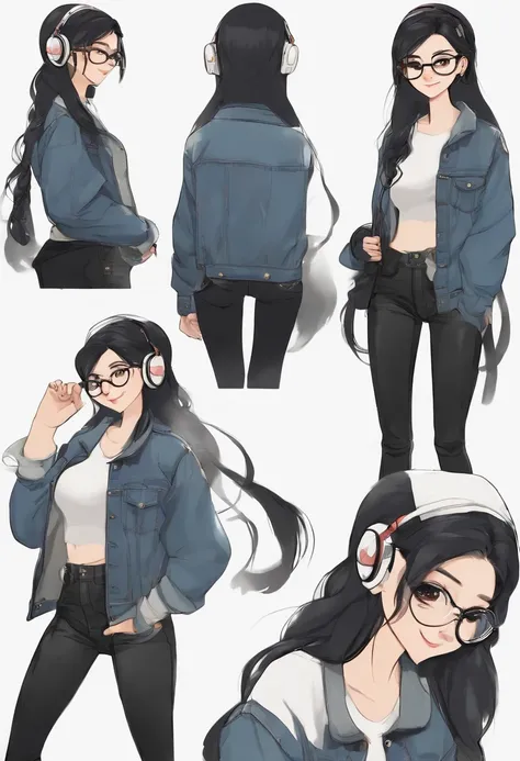 Character design sheet, back view, side view, front view of a white-skinned girl in a denim jacket, white glasses, black hair, big tits, a large nose, long pants, and a smiling expression, black headset, in a anime style