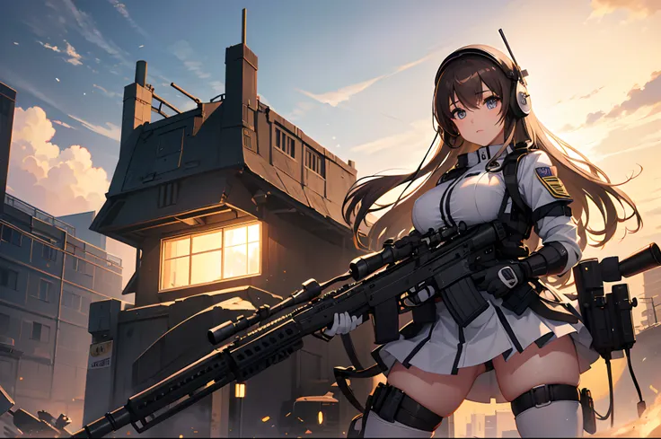 Anime girl, White sparkling eyes, Long brown hair, big breast, showing thighs, ((military helmet,)) Night vision goggles, Headset with microphone, tactical vest, mitts, Mini skirt, Tall stockings, kneehigh boots, Hold a rifle or aim a sniper rifle, (Best q...