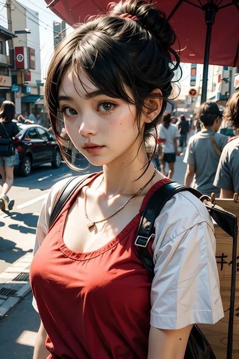 a girl,A Japanese Lady,with round face,Sauce order,Red T-shirt,short-cut,bustshot