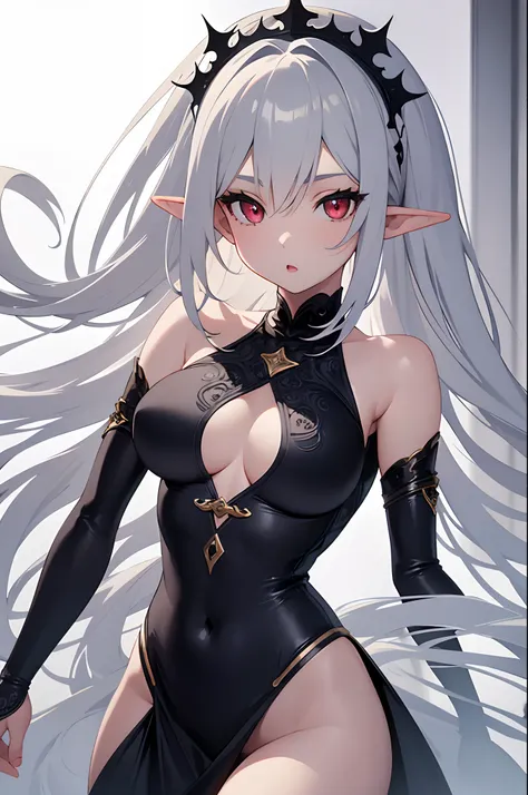 1girl, anime, cute girl, elf, blank background, white background, fantasy, detailed dark fantasy dress with highlights, beautiful face, beautiful eyes, dark colors, medium breasts, slight cleavage, beautiful skin, cute, silver hair, red eyes, breast curtai...