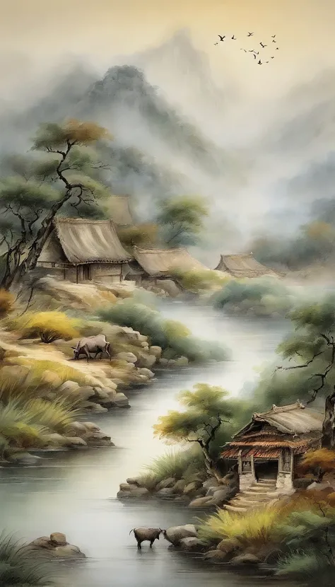 Chinese landscape painting，ink and watercolor painting，water ink，inky，Smudge，Faraway view，Ultra-wide viewing angle，meticulous，Diagram of 5 cows，Five scalpers，River side，Small stone bridge，grass field，The tree，The view is the mountains，（8k wallpaper），（光影效果）...