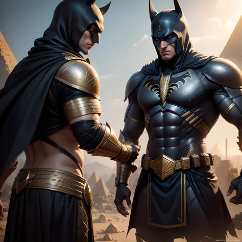 Egyptian Batman warriors in realistic 4K full-body armor,Pyramids,Super Detailed, Vray Display, Unrealistic engine, Midjourney Art Style.