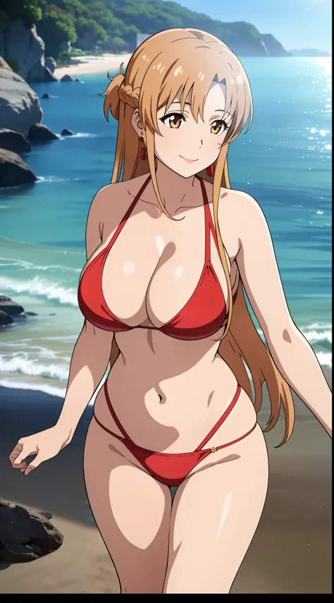 (best quality:1.5, highres, UHD, 4K, detailed lighting, shaders), asuna yuuki, light brown long hair, busty, cleavage, bikini, thighs, standing, earrings, sexy, (pov, close shot), smiling, beach background