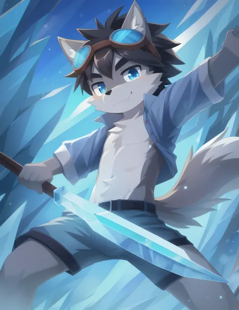 Furry shota, Young, wolf, black hair, long spiky ponytail, blue eyes, detailed body fur, blue hawaiian shirt, open clothes, black swim trunkd, goggles, masterpiece, looking at you, fangs, clear grey body fur, detailed face, big eyebrows, detailed eyes, det...