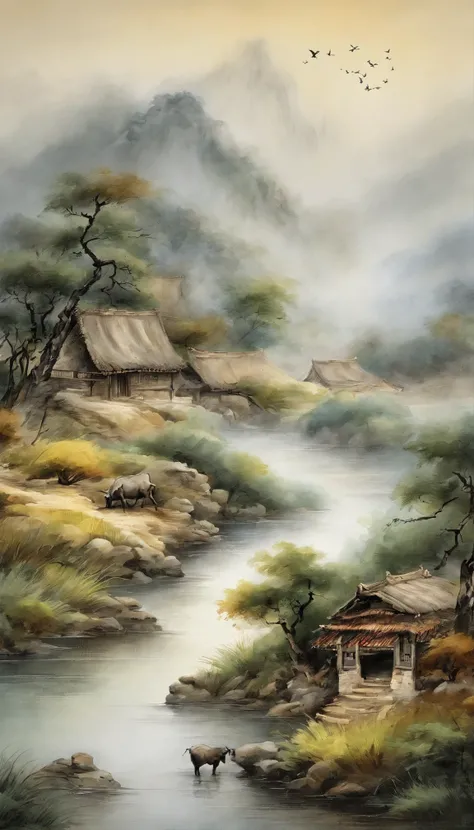 Chinese landscape painting，ink and watercolor painting，water ink，inky，Smudge，Faraway view，Ultra-wide viewing angle，meticulous，Diagram of 5 cows，Five scalpers，River side，Small stone bridge，grass field，The tree，The view is the mountains，（8k wallpaper），（light...