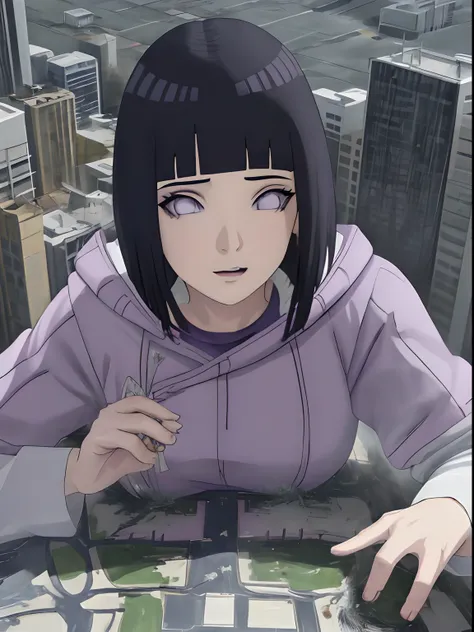 Masutepiece, La mejor calidad, colores vibrantes, ((Madre enorme)), ((Altura 30m:1.2)),Hinata Hyuga,Tallgts,Gigante，，Aspecto hermoso，maquillaje delicado，perfect ilumination，cinematic quality，8k,alta calidad,(GTScity:1.5),GTS,aerial  view，Rampage,Escalonami...