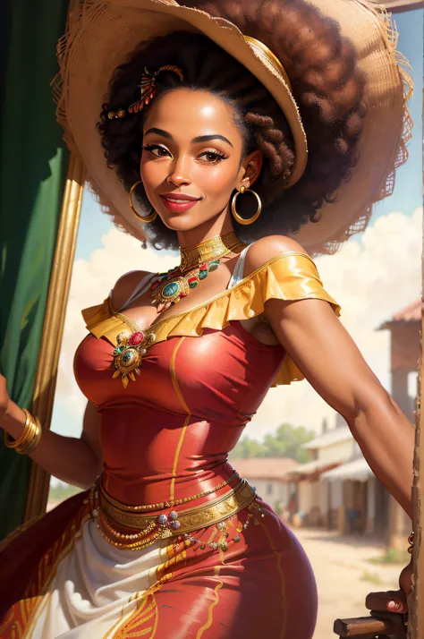 ((best quality)), ((masterpiece)), ((realistic)), vintage Afro-Caribbean woman, elegant attire, 1950s fashion, radiant smile, confident stance, cultural pride, (oil painting:1.2), (Lois Mailou Jones:1.1), (Kadir Nelson:1.1), vivid colors, nostalgic backgro...