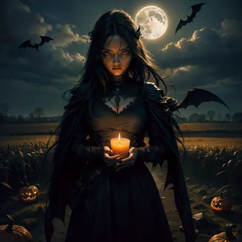 "(Highest picture quality), (Prioritize outstanding image quality and incredible levels of detail), Create something awe-inspiring (Photorealistic:1.1) Evil scarecrow, Scary, Horror, Night, skinny, Holding hands and hands, Moonlight, hay, Cornfield, crows,...