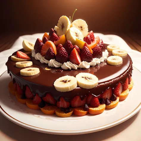 top-quality、超A high resolution、(Photorealsitic:1.4)、ultra-detailliert、Chocolate Parfait、Put tangerines on it、Put bananas on top、Put strawberries on top、profetional lighting