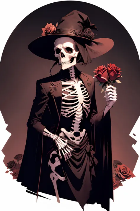 halloween male skeleton with rose in hand line art