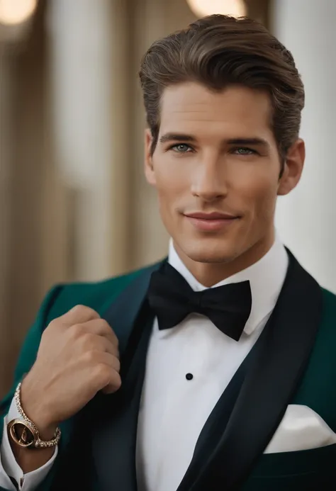 Gere uma imagem de um homem jovem e magro, vestido de forma elegante com, Hes wearing a gold ring, colar em um de seus dedos e parece muito feliz e contente, sorrindo radiante. His face is imposing and bald, sem barba, with realistic green eyes that glow w...