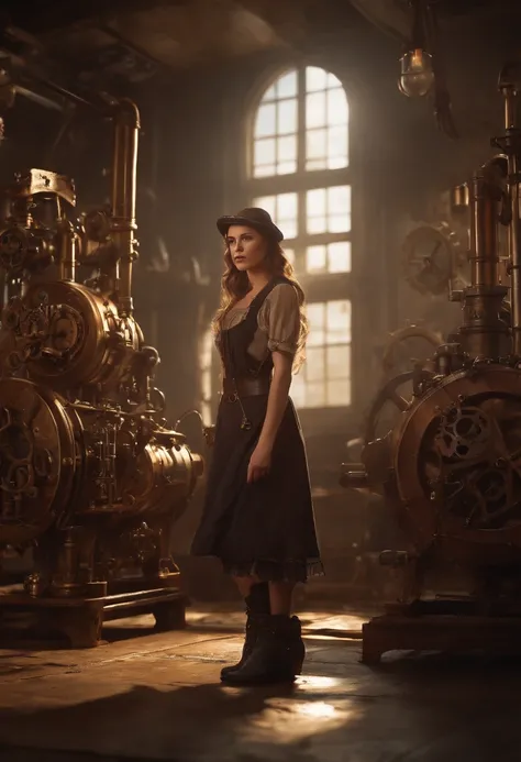 (Best quality, 4k, Masterpiece :1.3), 1girl, (steampunk), scenery, steampunk room engine, repairing engine, gears, cogs, steam, boots, overalls, goggles, dirty face, standing, machinery, oil on floor, dirty floor