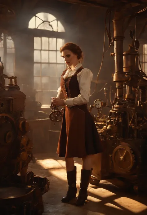 (Best quality, 4k, Masterpiece :1.3), 1girl, (steampunk), scenery, steampunk room engine, repairing engine, gears, cogs, steam, boots, overalls, goggles, dirty face, standing, machinery, oil on floor, dirty floor