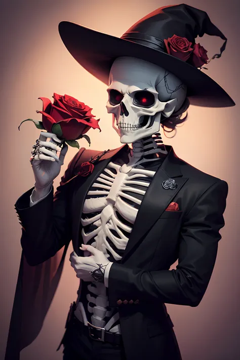 halloween male skeleton with rose in hand line art