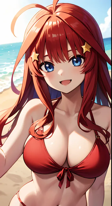 Itsuki Nakano, Bangs, Blue eyes, hair between eye, Ahoge, Red hair, Star (symbol), Hair Ornament, Star hair ornament,Sea,Beach,Red bikini,Smile,Large breasts、laughingly