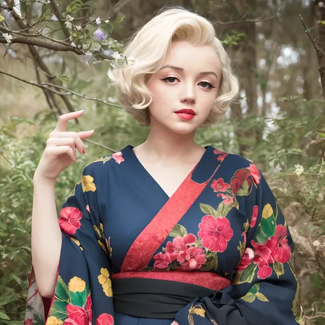 Alafo woman in a kimono with flowers in her hair, ((Beautiful Marilyn Monroe face: 1.4)), American woman, Japanese-style, Japan traditional pattern kimono, wearing kimono, traditional person, model, kimono, Japanese style, white hanf, wearing makeup, red l...