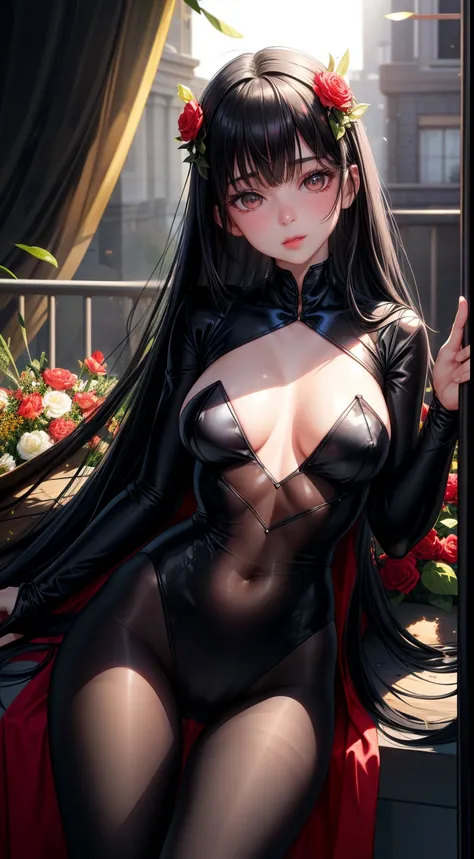 realisticlying，1girll，Black hair，Black eyes，glowing light eyes，Black silk transparent tights，Tights transparent，parted lip，Be red in the face，the night，fresh flowers，suns，rays of sunshine，The chest is very full，Tights strangle meat，