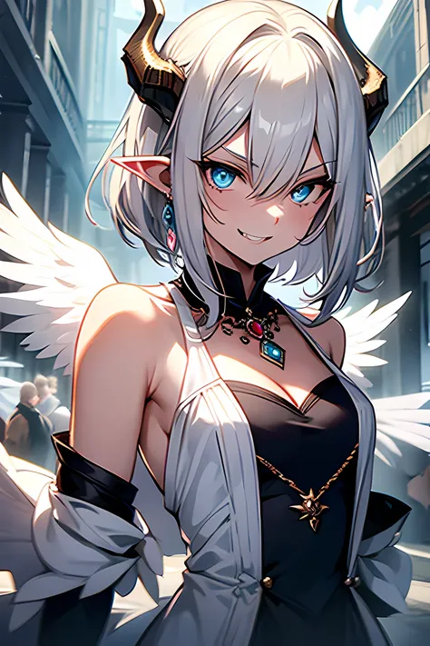 1girl, Highly detailed, elf ears, very short hair, white hair, asymmetrical hair, wavy hair, 1920s ornate dress, blue eyes, glowing eyes, smiling menacingly, fangs, tall, dragon eyes, feathered hair, blue gem necklace, slender, large angel wings, small-med...