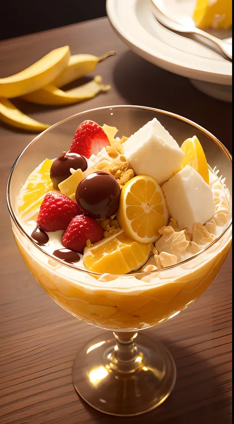 ​masterpiece、top-quality、top-quality、(Close-up of a fruit-filled Japan parfait in a slender golden parfait glass)、ighly detailed、colourfull、highestdetailed、corn flakes、banana in、Wafers、Scoop、mikan、chocolate