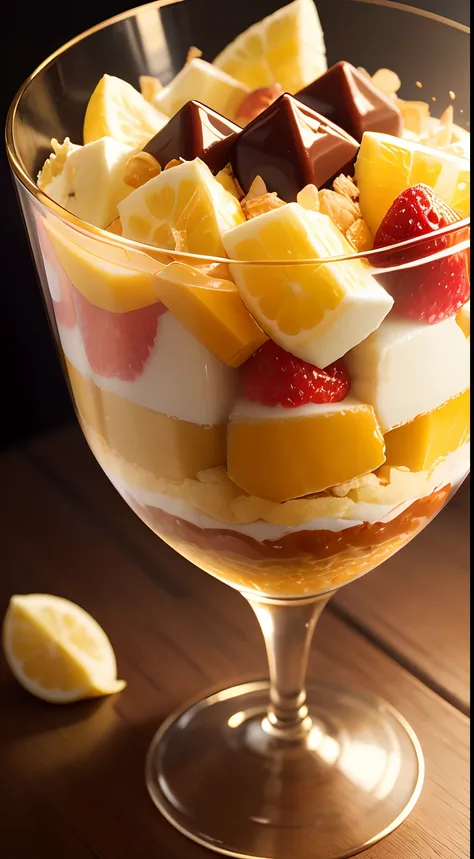 ​masterpiece、top-quality、top-quality、(Close-up of a fruit-filled Japan parfait in a slender golden parfait glass)、ighly detailed、colourfull、highestdetailed、corn flakes、banana in、Wafers、Scoop、mikan、chocolate