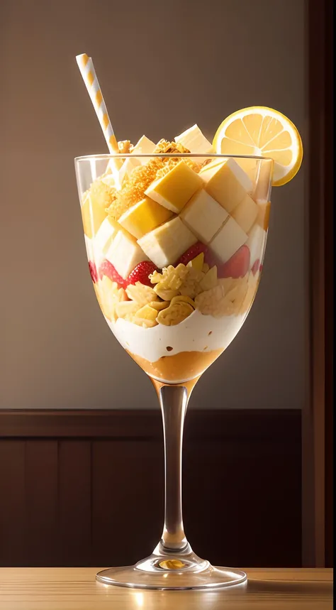 ​masterpiece、top-quality、top-quality、(Close-up of a fruit-filled Japan parfait in a slender golden parfait glass)、ighly detailed、colourfull、highestdetailed、corn flakes、banana in、Wafers、Scoop、mikan、chocolate