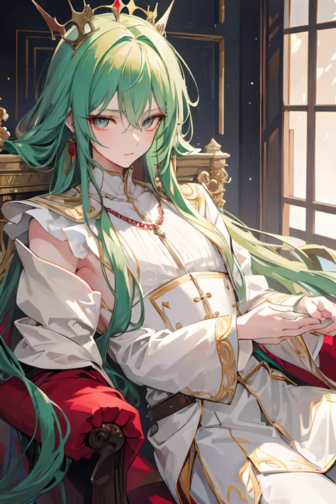 tmasterpiece，high high quality，Best quality at best，k hd，realisticlying，Perfect litthing，Detailed body，1 man，Long light green hair，，red color eyes，gentle expressions，With the kings crown，Dressed in gorgeous medieval aristocratic costumes，In the background ...