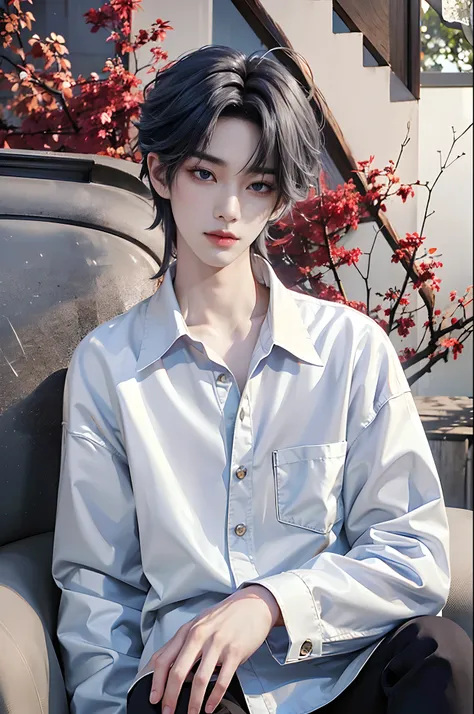 ​masterpiece、（top-quality)、((high-level image quality))、One Manly Boy、Slim body、((White Y-shirt and long black pants))、(Detailed beautiful eyes)、Stylish city background、sitting on a curb、Face similar to Chaewon in Ruseraphim、((short hair above the ears))、(...