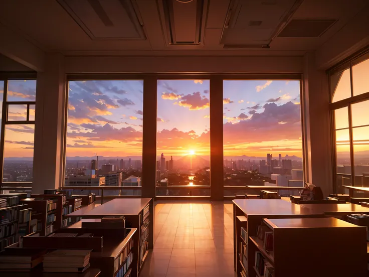 Sunset Scenic Overlooks: Libraries or bookstores with views of stunning sunsets over a city or landscape.