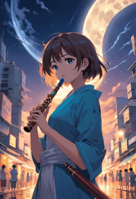 Huge full moon as a background, a girl holding a flute and face a hurricane