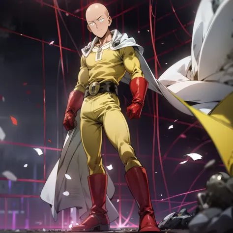 masterpiece, best quality, 1boy, (saitama), bald hair, black eyes, blue boot, red gloves, yellow clothes, white cape, standing, ...