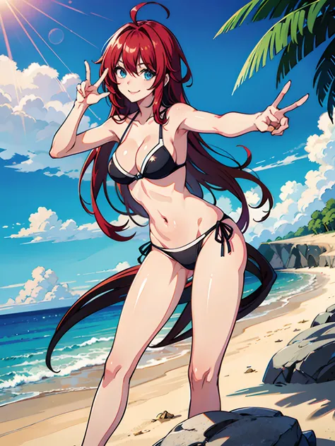 masterpiece, best quality, very long hair, rias gremory, ahoge, wide hips, mature female, blue eyes, looking at viewer, medium breasts, 1girl, bikini, scenery, beach, sonicedges_rias_gremory, light smile, happy, shiny skin, peace sign