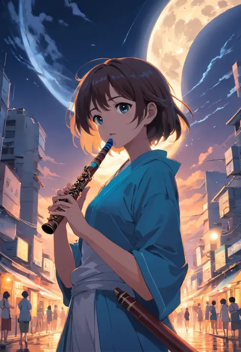 Huge full moon as a background, a girl holding a flute and face a hurricane