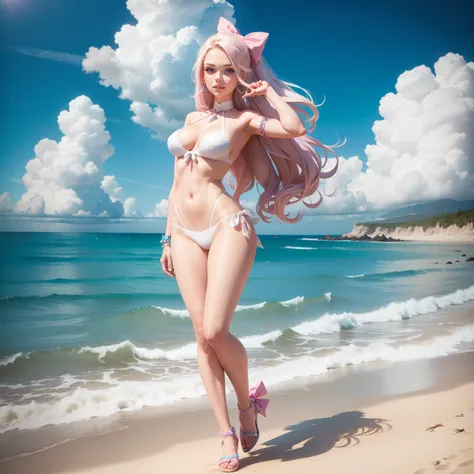 One Barbie, ((Full body)),8th class, Blue eyes, Smiling face, Hair loss swaying in the wind, Hip Hop Singer Pose, Dressed in hip-hop style,White Bikini,swarovski,pasties,With a pink bow on the arm, Fashion, Extremely high quality, high details, 8K, clean b...