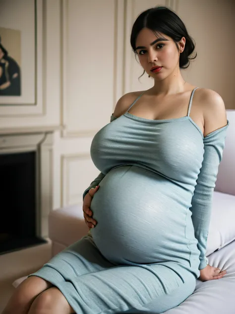 (Extremely detailed, In a cozy interior, Slightly fat, plump, Bigchest, Gigantic big tits, pregnant, huge pregnant, big pregnant, 9 months, big belly, Refined face, sexy for, Wearing a glamour crewneck dress, Tight jumpdress, Slip dress, k hd, Full body Sh...