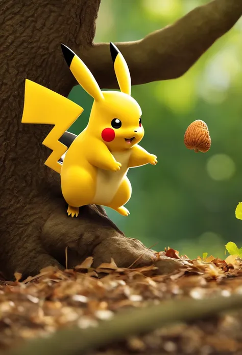 Pikachu fighting a squirrel for an acorn