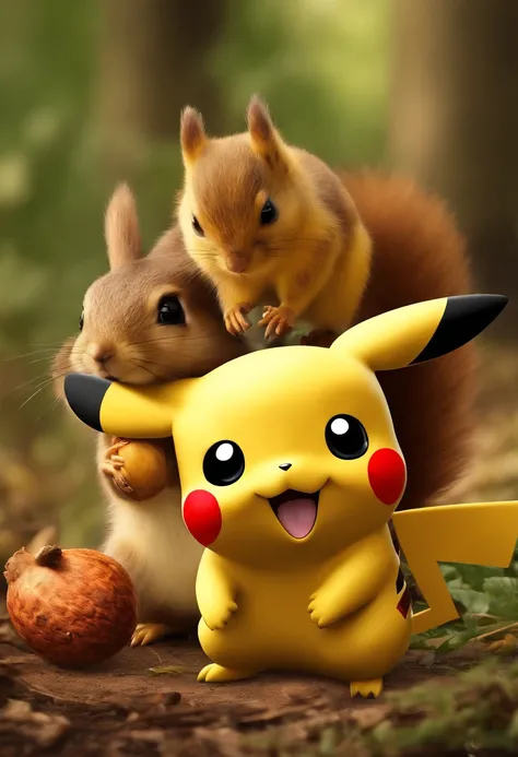 Pikachu fighting a squirrel for an acorn