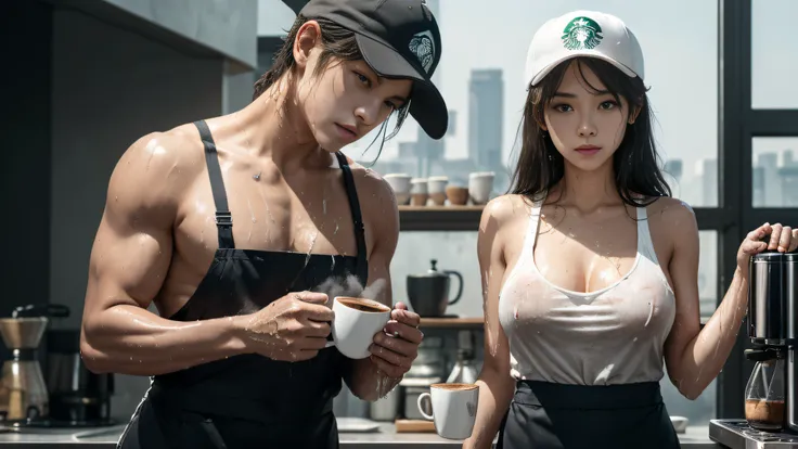 A girl in a Starbucks uniform makes coffee，Wearing a baseball cap on his head，Clothes and skin are soaked all over，（wetclothes：1.8），Reflective skin，Sweaty skin，high high quality、tmasterpiece、Hyper-Resolution、barechested、NAKED Apron、wearing apron、full bodye...