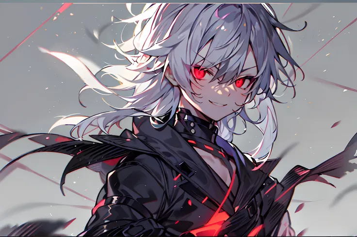 hight resolution,close range、Anime boy with white hair and red eyes staring at camera, Glowing red eyes,slim, dressed in a black outfit,Shadow Body,de pele branca,monochromes,hair messy,Aggressive smile、Diagonal angle