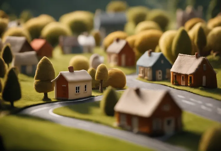 cute world of wool felt, wool knitted fabric, cartoon, some small houses, farms, barracks, warehouses, flower houses, super cute, superb lighting, volumetrics, by Jon Klassen, Ghibli Studio style, Tilt - shift, 80mm lens, Large aperture, 3d, blender, maste...