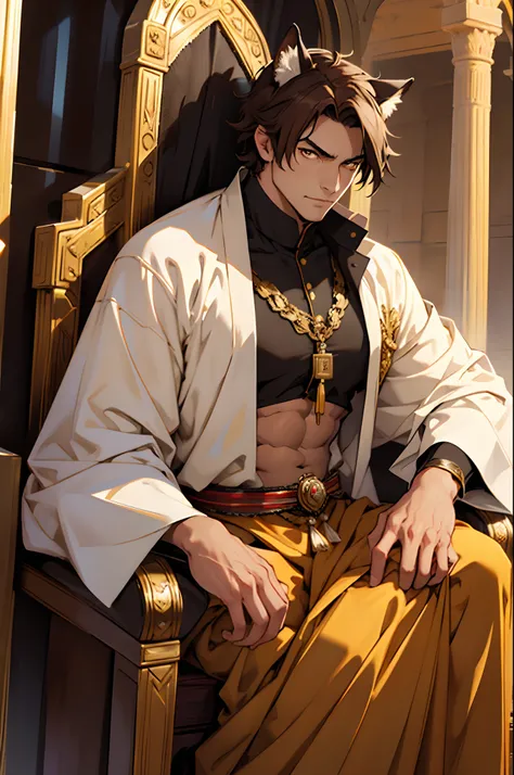 Cover magazine, Anime, middle-aged man, solo, Short hair, dark brown hair, yellow red eyes, big cat ears, Arabian clothes, arabia, jewelry, gorgeous, handsome, model, half body potrait, fantasy, Mesir, desert, king, sultan, crown, throne, palace, abs