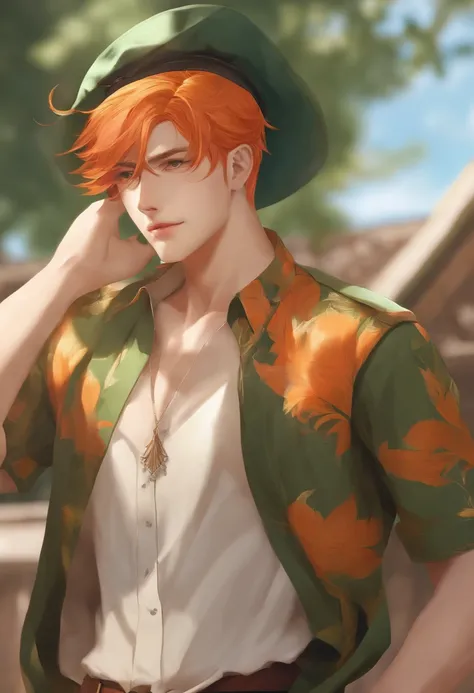 masutepiece, Best Quality, 1boy, Mr. Peter, Solo, gros-plan, Short hair, Orange hair, Green collar shirt, Short sleeves, hat feather, Male Focus, pointy ear,